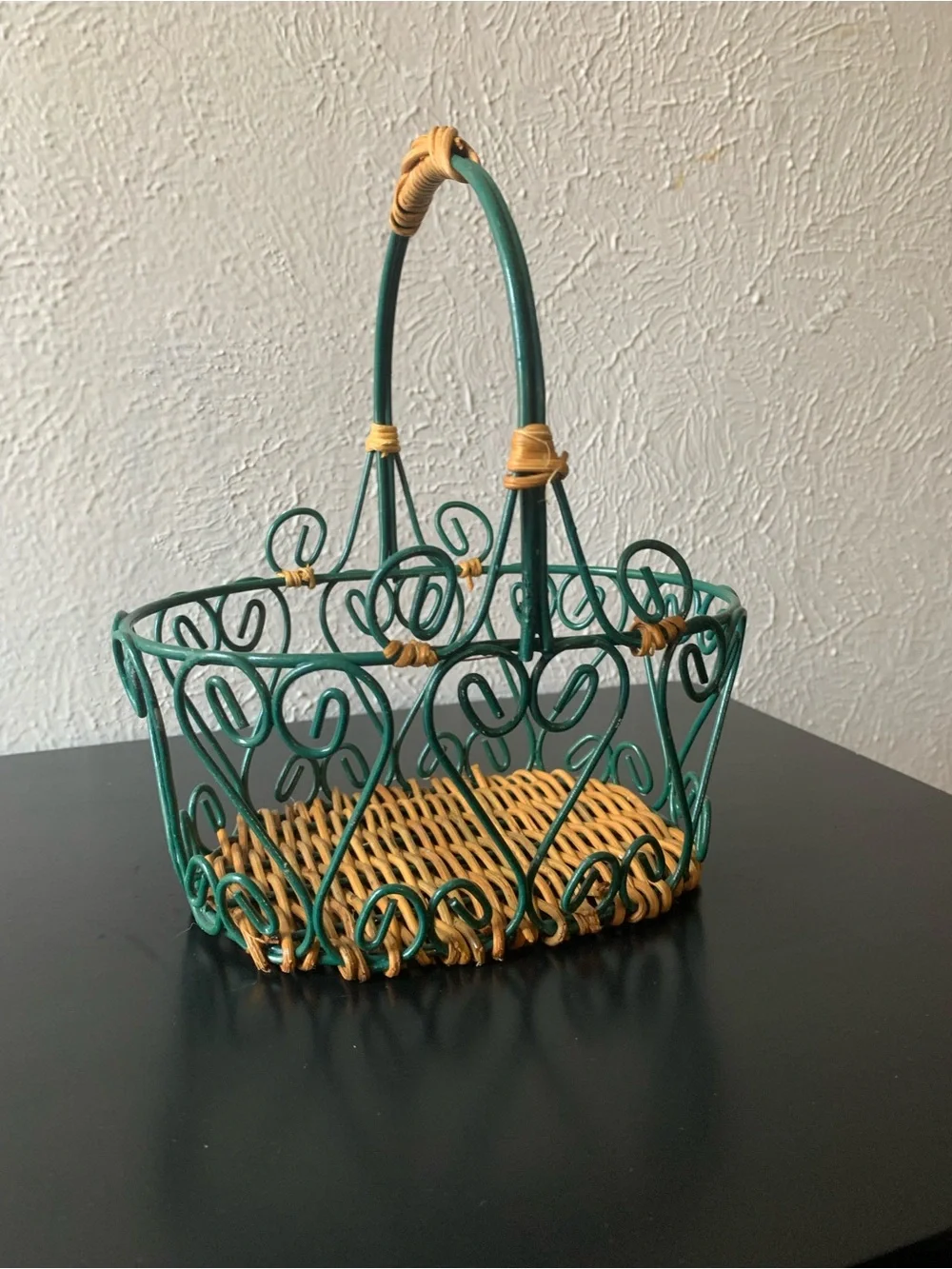 Green Wicker and Metal Decorative Basket